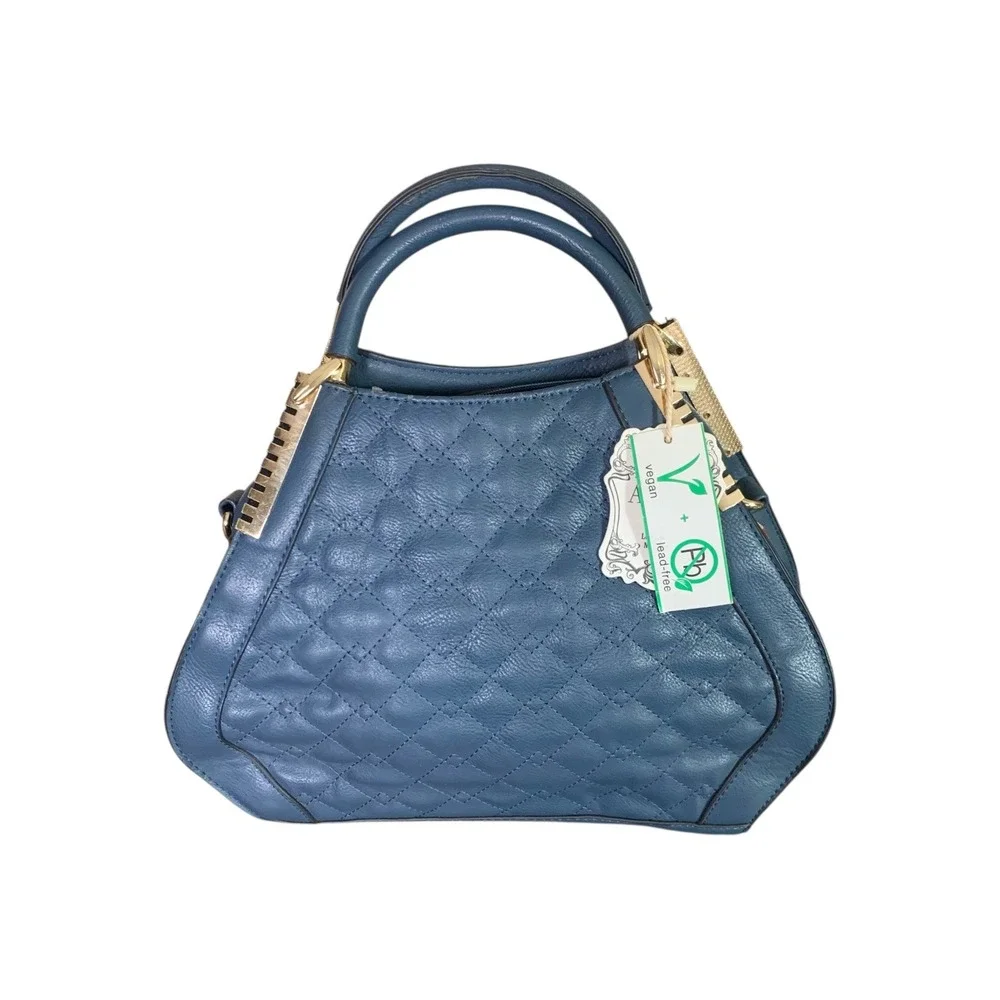 Alyssa Vegan Faux Leather Quilted Satchel Handbag Blue Gold Hardware